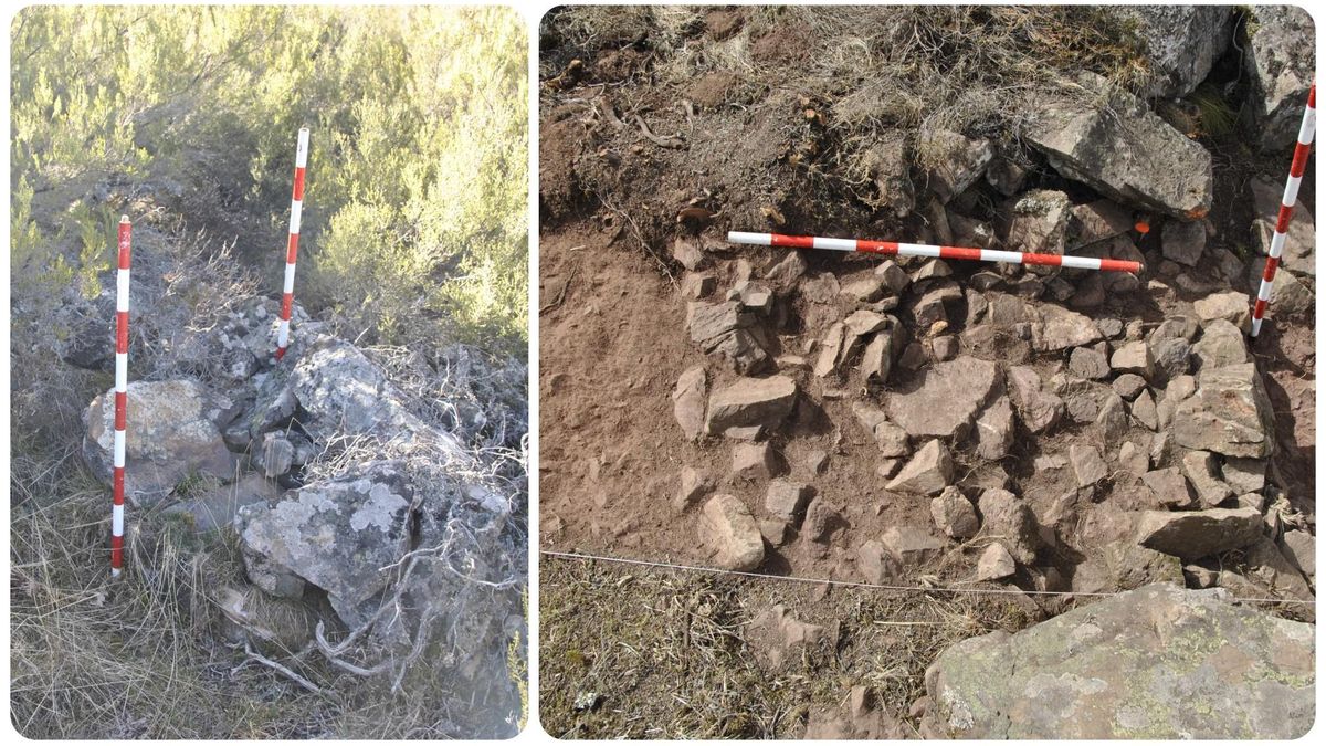 El 'vallum' (muro) del campamento legionario de asedio de La Peña del Castro en La Ercina antes y después de ser excavado.