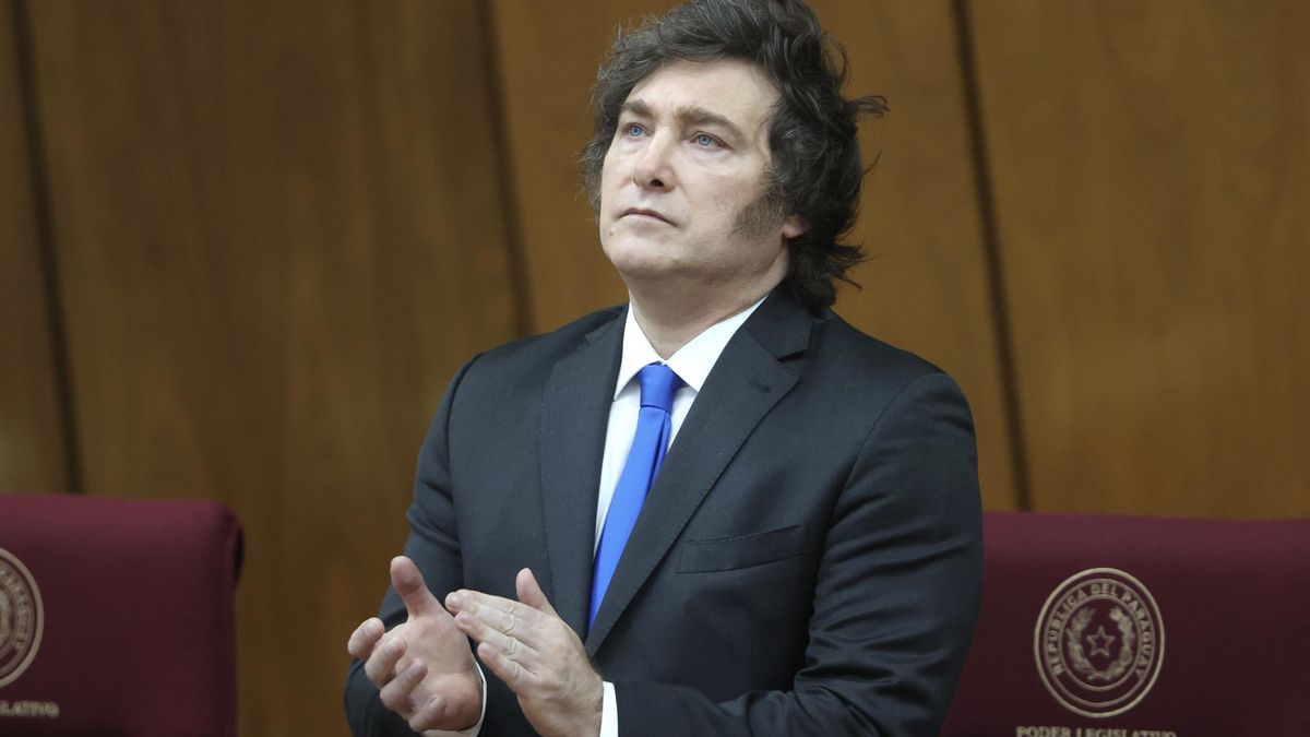 Javier Milei en el Palacio Legislativo en Asunción. El Presidente viajó a Paraguay mientras el Congreso rechazaba los vetos a las leyes de financiamiento universitario y de emergencia en pediátrica.