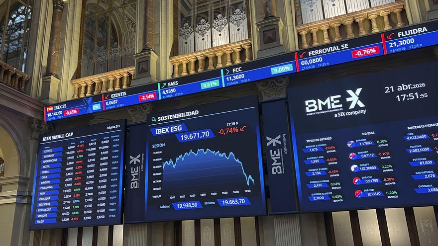 La Bolsa española ha perdido este martes el 0,65 % ante las dudas que generan las negociaciones de paz entre Estados Unidos e Irán, después de que la radiotelevisión estatal iraní afirmara que ninguna delegación ha viajado a la nueva ronda de negociaciones en Pakistán. El principal índice del mercado, el IBEX 35, ha cerrado la sesión bursátil en 18.142,6 puntos, después de perder 118,3 puntos, ese 0,65 %. En lo que va de año, se revaloriza un 4,82 %. EFE/ Altea Tejido Sánchez