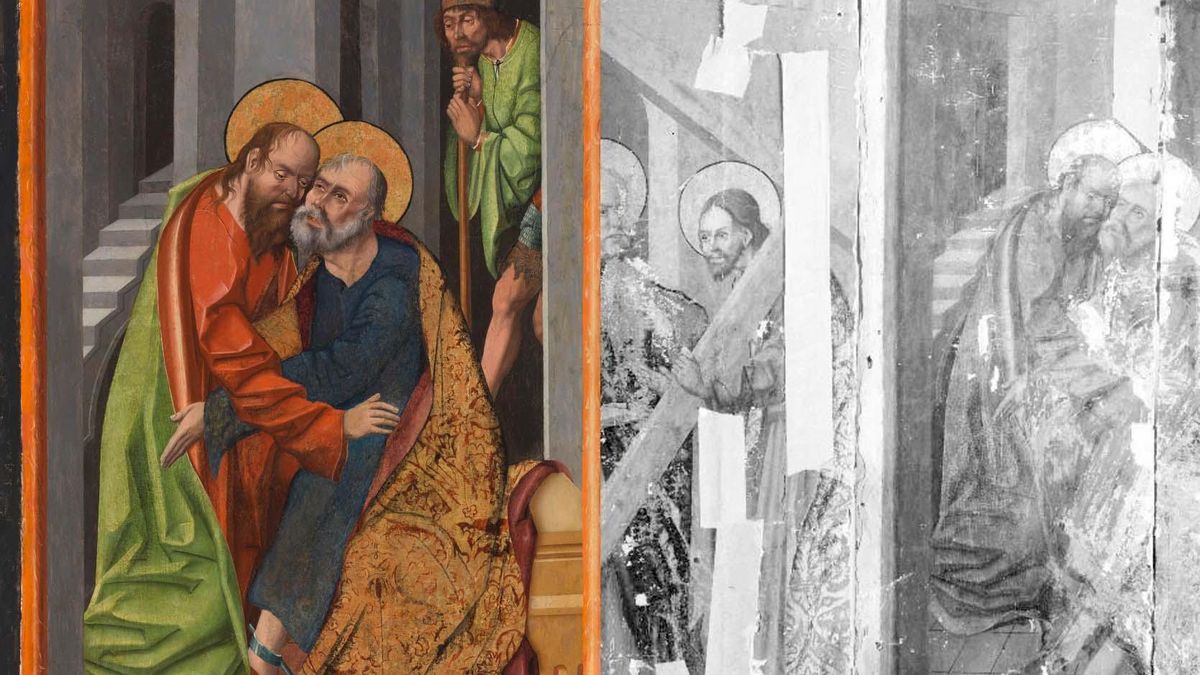 Visita de San Pablo a San Pedro en prisión, a la izquierda su estado actual en el Cincinnati Art Museum y la derecha, tablas pintadas fotografiadas en el establecimiento del anticuario Juan Lafora.