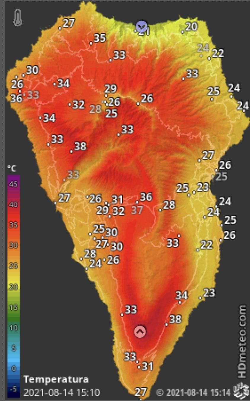 Mapa de HD Meteo La Palma donde se indica la temperatura que, a las  15.14 horas de este sábado, 14 de agosto, se registraba en distintos puntos de La Palma.