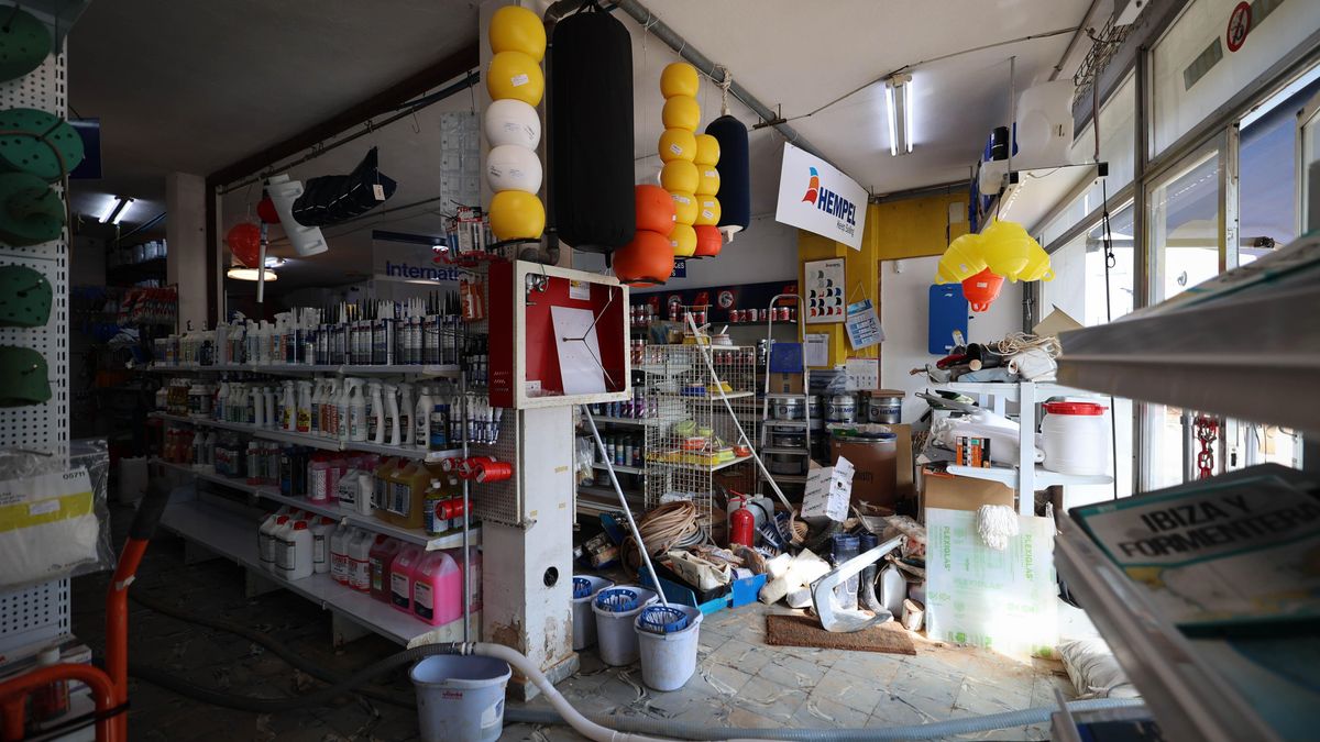 Diverses galledes de fregar per a llevar el fang de les rajoles al costat de les prestatgeries plenes de productes