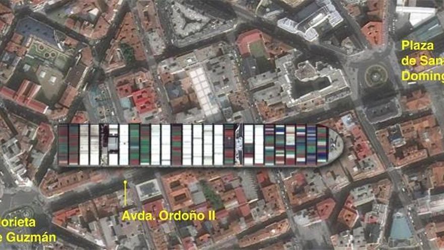 El barco que varó en el canal de Suez sería igual de largo que Ordoño II.