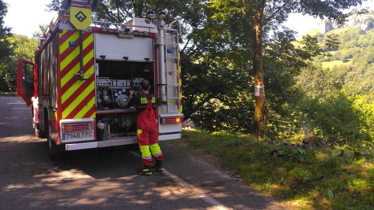 Bomberos del Gobierno extinguen un incendio en una maleza en Miera.