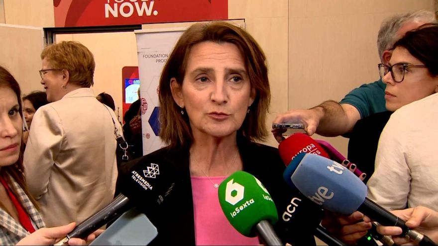 La vicepresidenta de la Comisión Europea para la Transición Ecológica, Teresa Ribera, en declaraciones a la prensa en el Global Progressive Mobilisation (GPM) en el recinto Gran Via de Fira de Barcelona, en L'Hospitalet de Llobregat (Barcelona)