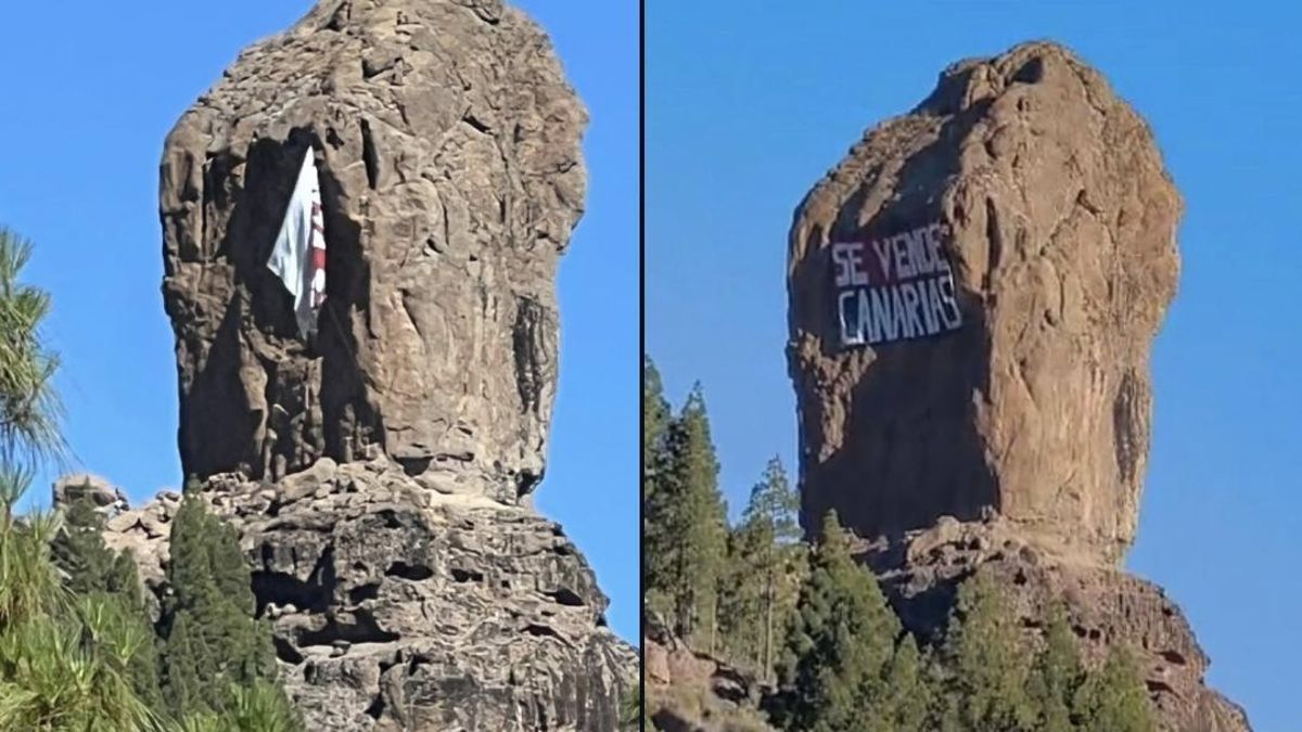 El Cabildo retira del Roque Nublo una lona de protesta: “Se vende Canarias”