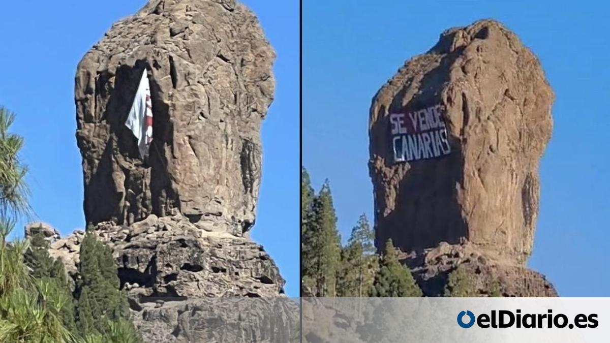 El Cabildo retira del Roque Nublo una lona de protesta: "Se vende Canarias