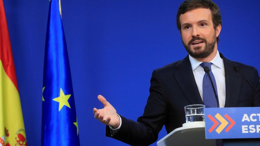 El líder del Partido Popular, Pablo Casado durante la rueda de prensa. EFE/Fernando Alvarado
