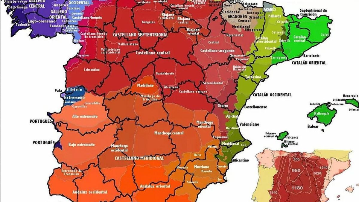 Mapa de lenguas españolas, el extremeñu y el habla del Rebollar están dentro de las isoglosas (límites entre idiomas) asturllionesas.