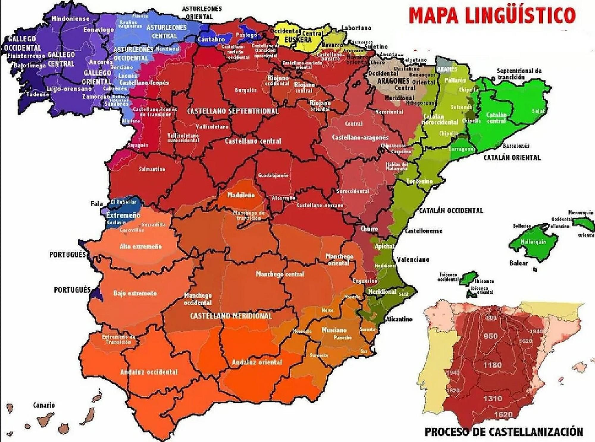 Mapa de lenguas españolas, el extremeñu y el habla del Rebollar están dentro de las isoglosas (límites entre idiomas) asturllionesas.
