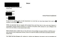 Extracto de una carta enviada por Ryanair a un piloto debido a su nivel de ausencias al trabajo.