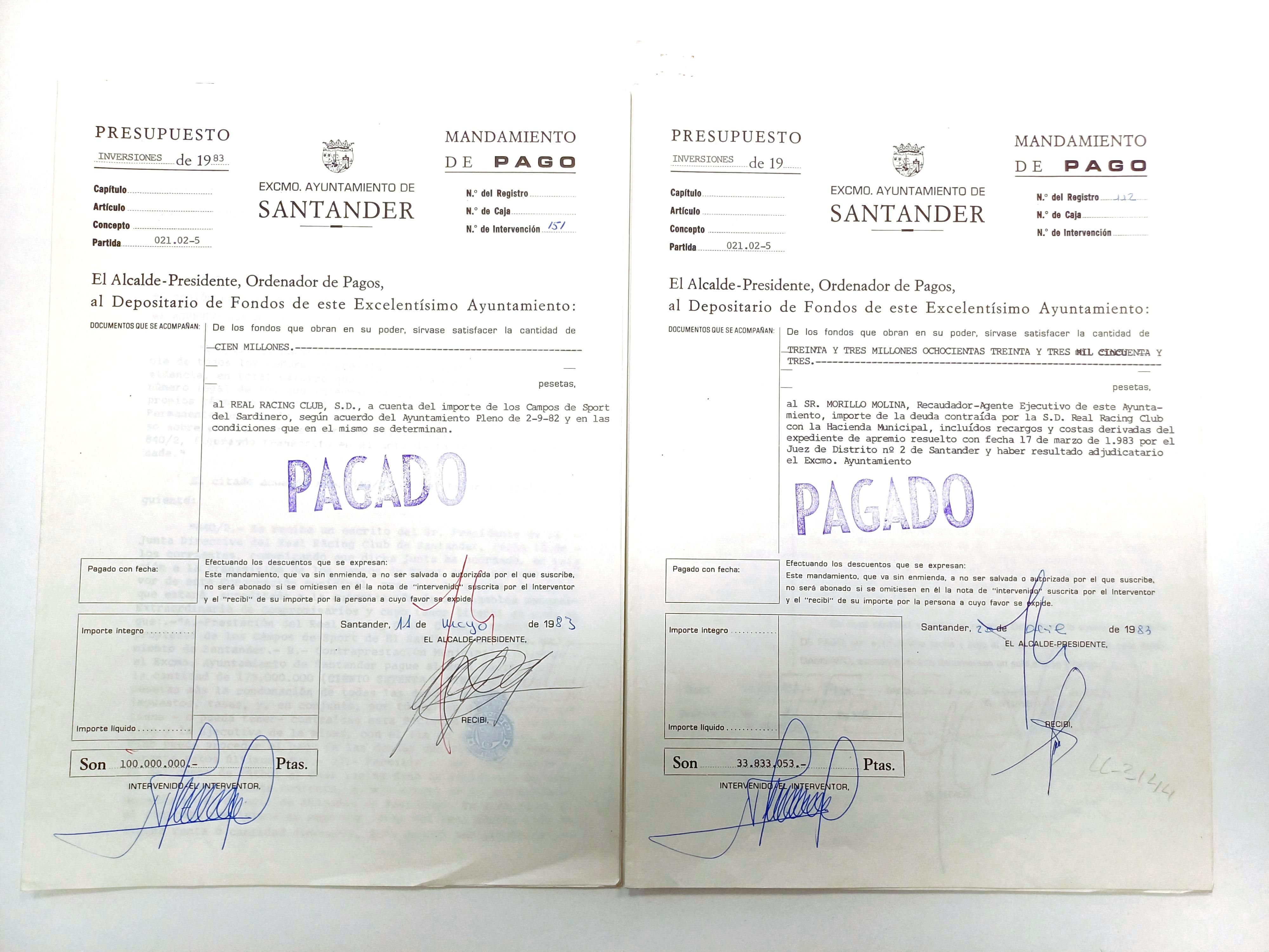 Cartas de pago del campo del Racing de Santander y de la deuda.