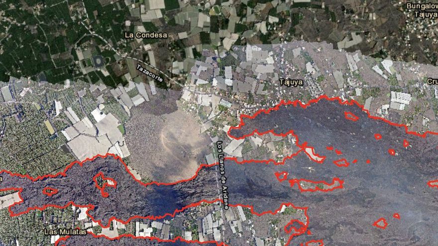 Los expertos vigilan la colada que se encuentra más al norte, ya que se decidirá su rumbo en las próximas horas. De dirigirse hacia el norte de la montaña de La Laguna arrasaría Tazacorte; de ir al sur, se uniría a la que se encuentra a 130 metros del mar