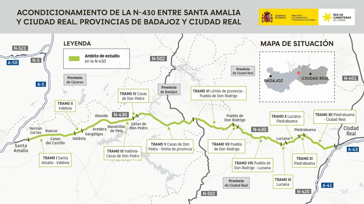 Transportes aprueba provisionalmente el estudio informativo para la mejora de la N-430 entre Ciudad Real y Badajoz