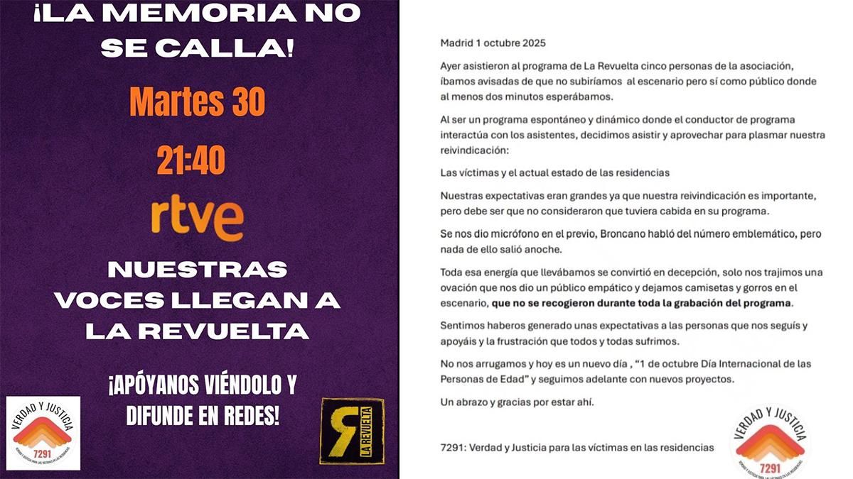 La Asociación 7291 por los ancianos muertos en las residencias de Ayuso aclara por qué al final no salió en 'La Revuelta'