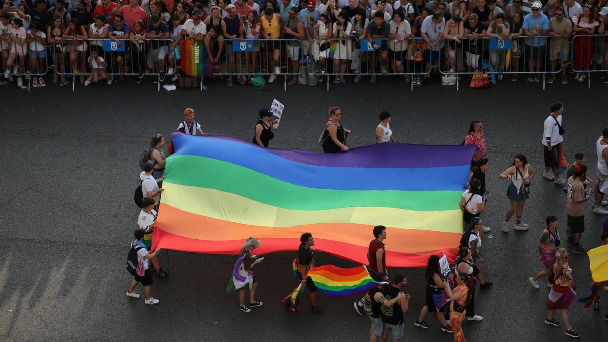 Un grupo de personas portan una gran bandera LGTBI