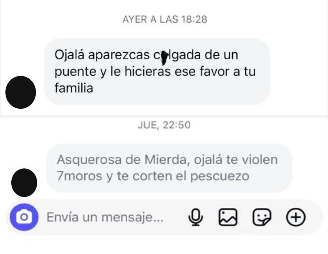 Amenazas recibidas por Elena Reinés en mensajes privados de Instagram.