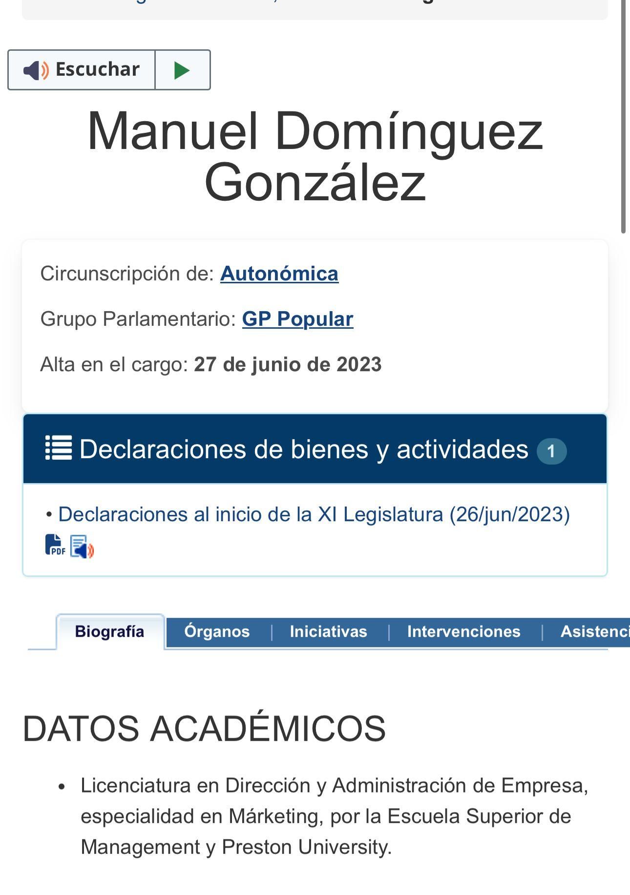 La biografía de Manuel Domínguez en el Parlamento de Canarias.