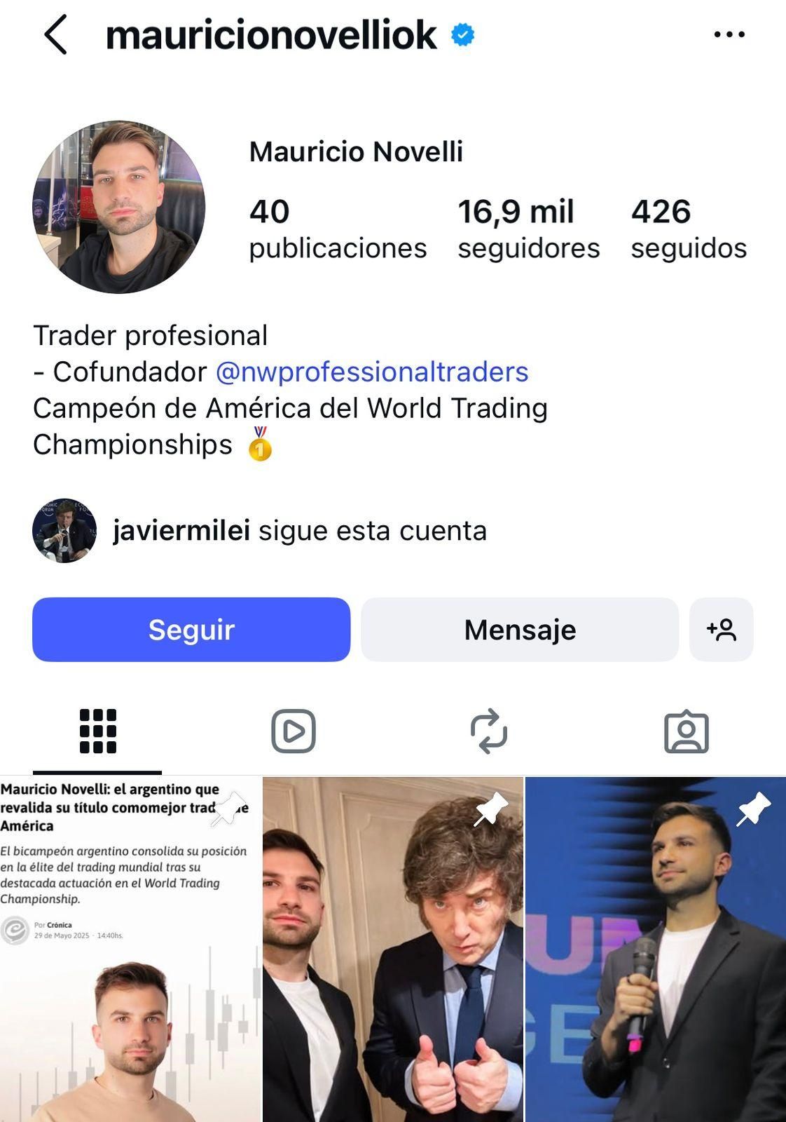 Milei aún sigue la cuenta de Instagram de Novelli.