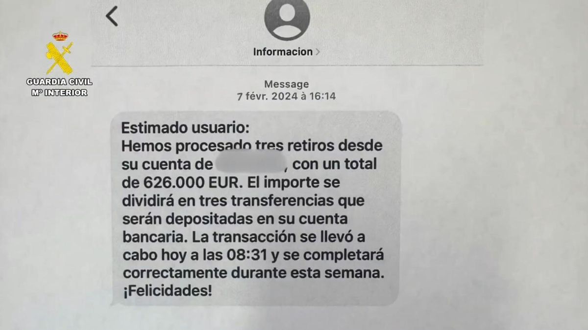 Falso mensaje de texto (SMS) utilizado por los estafadores para simular supuestos beneficios de cientos de miles de euros y ganarse la confianza de las víctimas
