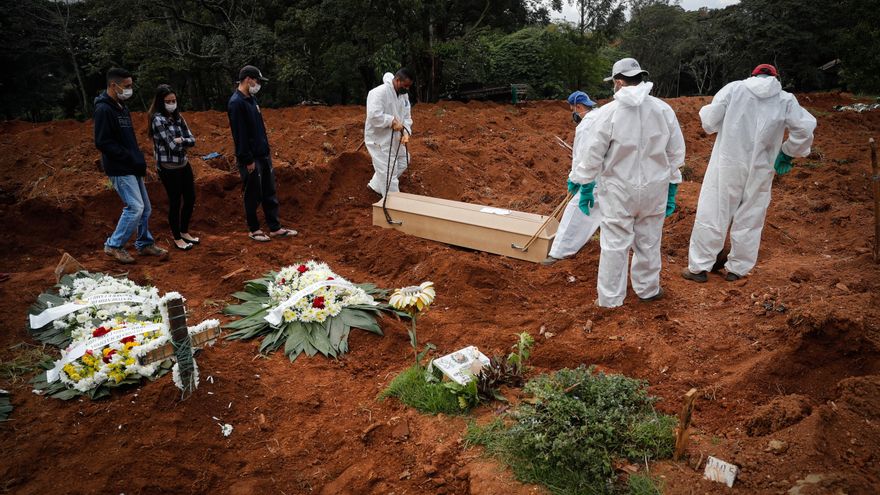 Trabajadores entierran a una víctima mortal de covid-19, mientras familiares se lamentan en el Cementerio Vila Formosa, en Sao Paulo (Brasil). EFE/Fernando Bizerra Jr/Archivo
