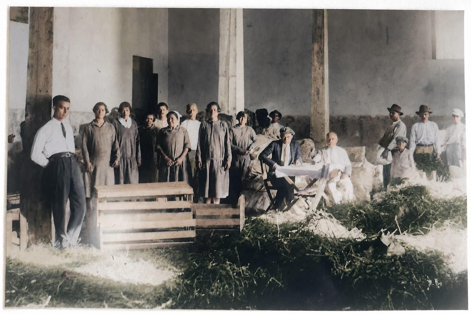 Interior del almacén del Sindicato Año 1927. En primer plano, a la izquierda, su presidente, Juan Martín González. Pertenece al archivo de Eulogio Hernández y Fernando Fernández. Coloreada con IA.