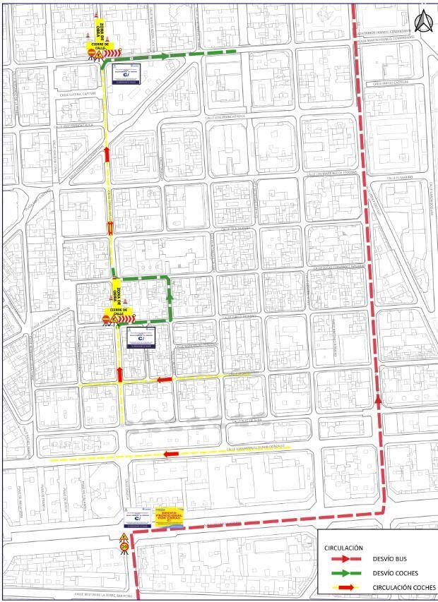 Mapa de los cortes durante la actuación en la red de saneamiento en dos tramos de calle Tomás Miller, entre los números 21, entre las calles Cirilo Moreno y Lucas Fernández Navarro, y 51, a la altura de la calle Nicolás Estévanez.