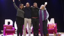 Los dirigentes de Podemos, Bail, Iglesias, Dante Fachin y Àngels Martínez Castells en un acto