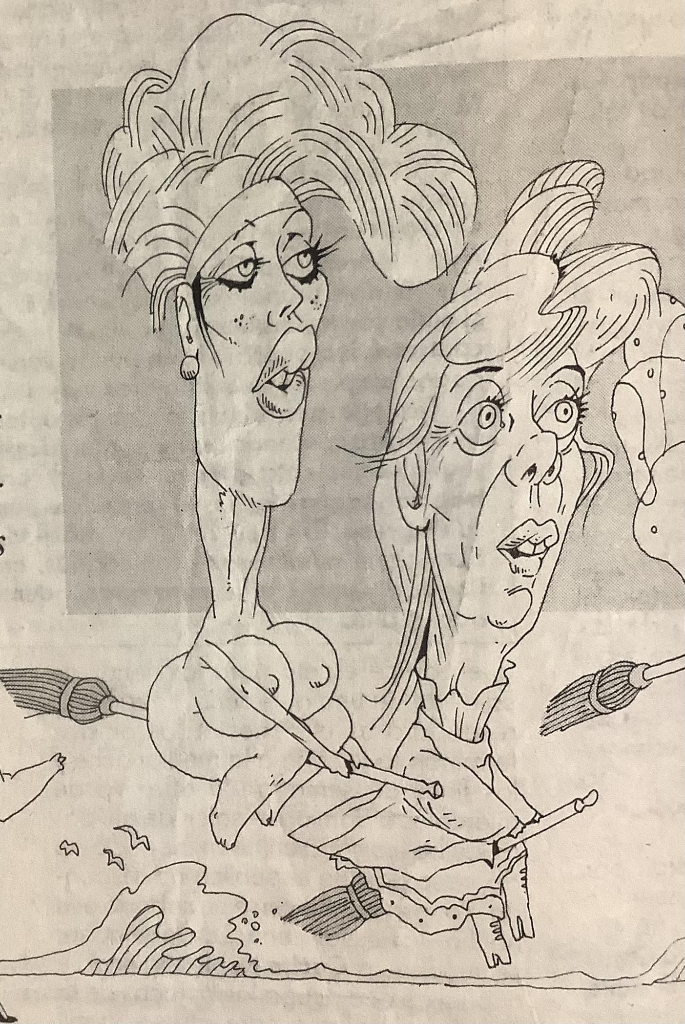 Moria Casán y Graciela Dufau en Brujas, dibujadas por Fortín para revista Humor, 1991