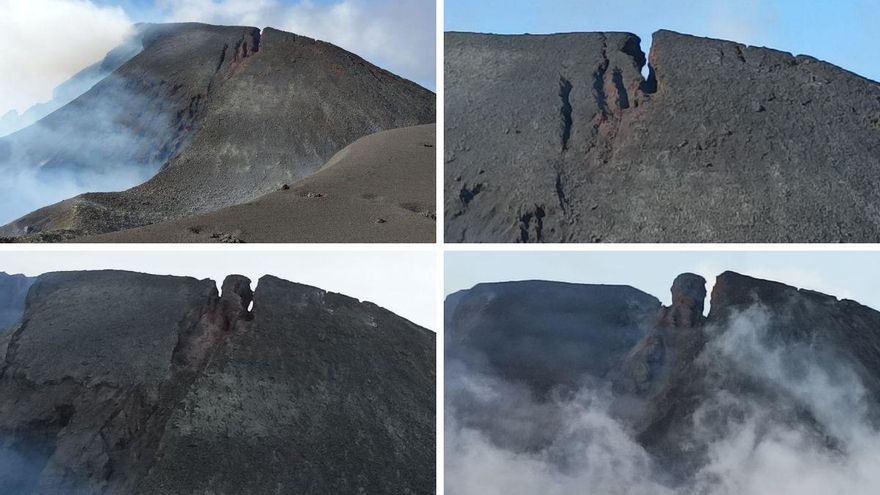 Así luce el cono secundario del volcán de La Palma tras un desplome anunciado por unas enormes grietas