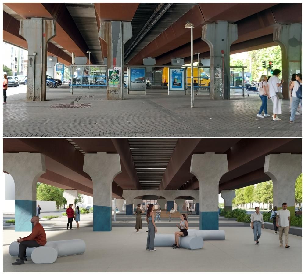 Estado de la zona peatonal bajo el puente arriba y proyecto futuro en la imagen de abajo