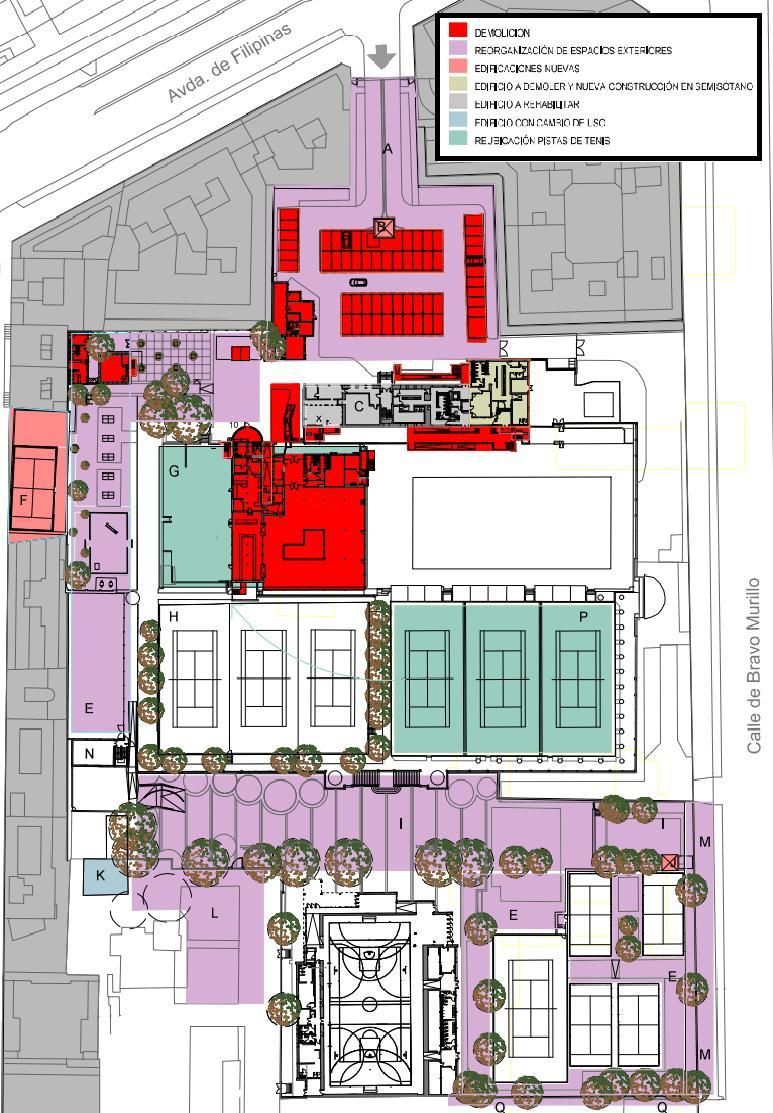 Demoliciones (en rojo) previstas en la zona sobre el Primer Depósito y nuevo edificio (en carmín)