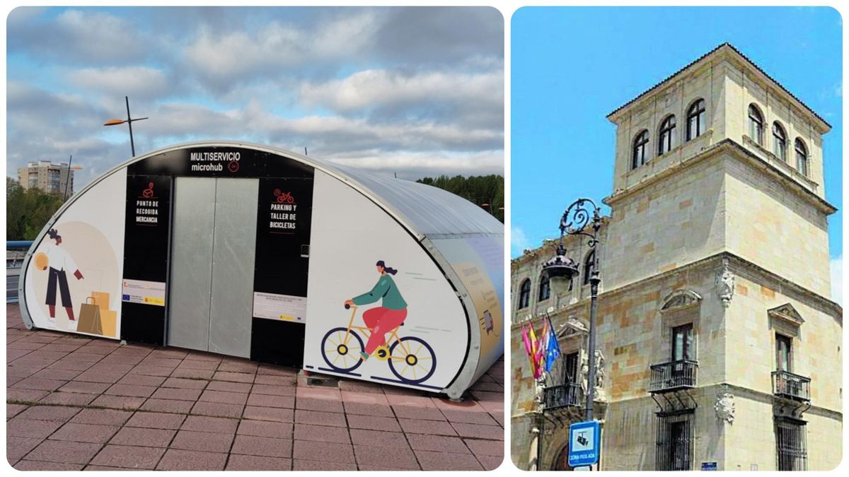 Una caseta del 'Amazon' de León y la torre de la Diputación de León.