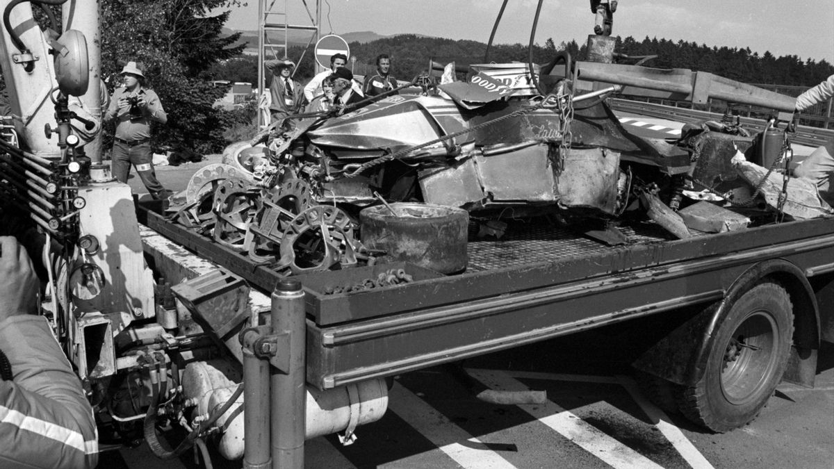 Cómo quedó el Ferrari de Niki Lauda tras el accidente en Alemania 1976.
