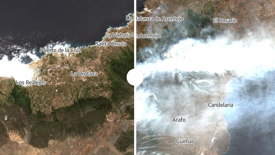 The before and after of the area affected by the fire in Tenerife, seen from a satellite