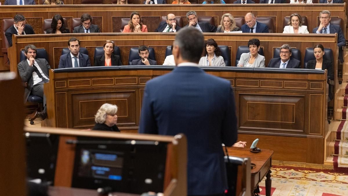 El presidente del Gobierno, Pedro Sánchez, interviene durante una sesión de control en el Congreso de los Diputados, a 12 de junio de 2024, en Madrid (España)