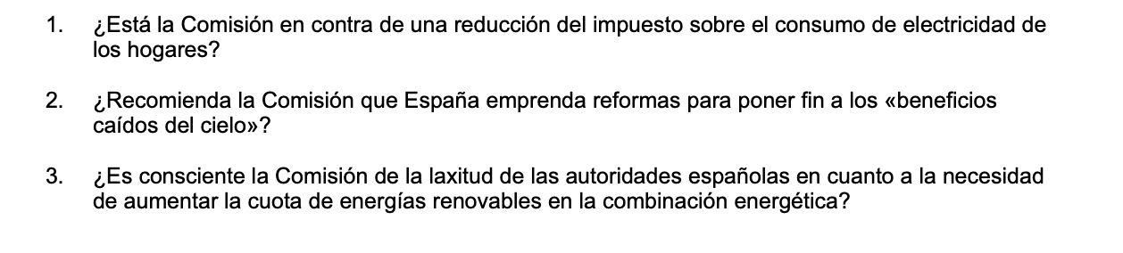 Preguntas de Toni Comín a la Comisión Europea sobre el precio de la energía en España.