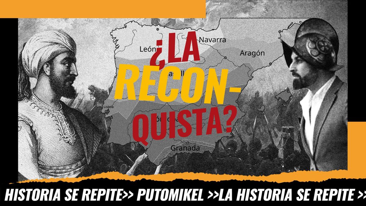 Montaje: a la izquierda una reproducción del Califa Abderramán III, el mapa histórico de la llamada "Reconquista" y Santiago Abascal el líder de Vox a la derecha