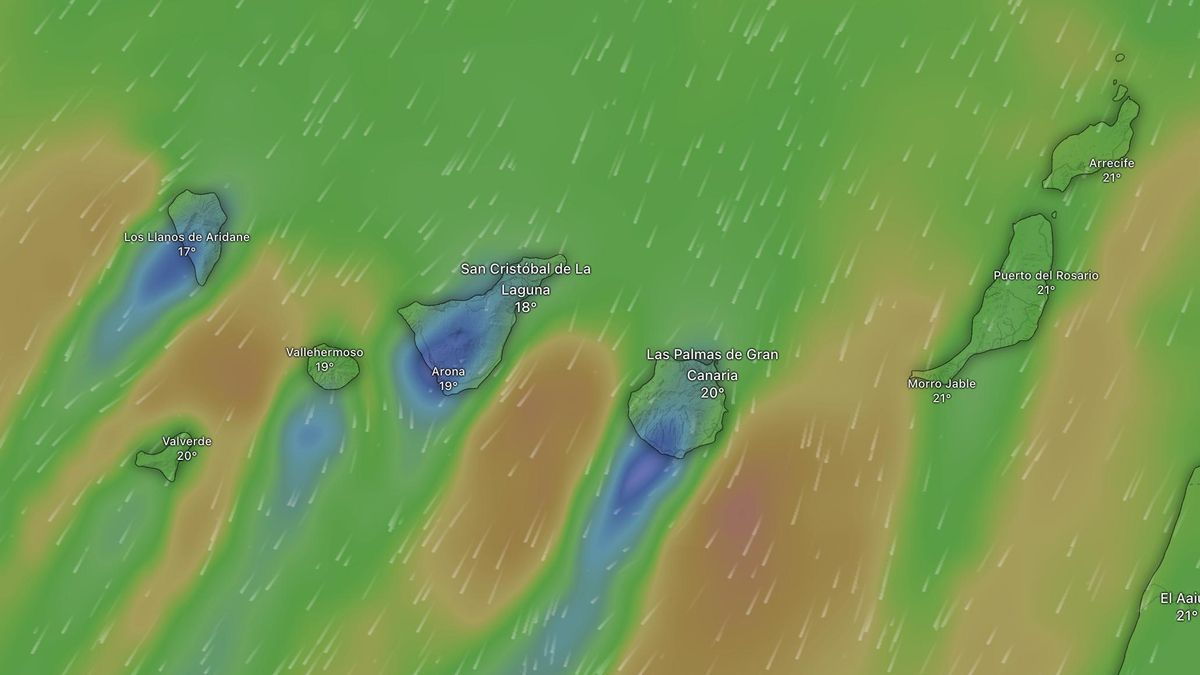 Rachas de viento esperado este sábado en Canarias. Los colores más cálidos indican mayor fuerza.
