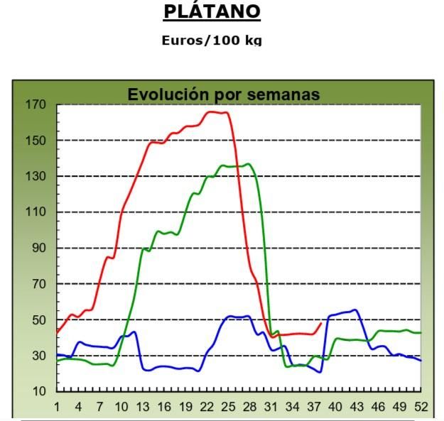 Evolución de los precios medios percibidos por el platanero canario en 2023 (marca azul), 2024 (verde) y 2025 (roja, hasta la semana 38). Fuente: MAPA.