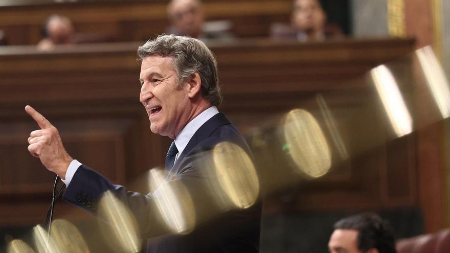 El presidente del Partido Popular, Alberto Núñez Feijóo, interviene durante una sesión de control al Gobierno