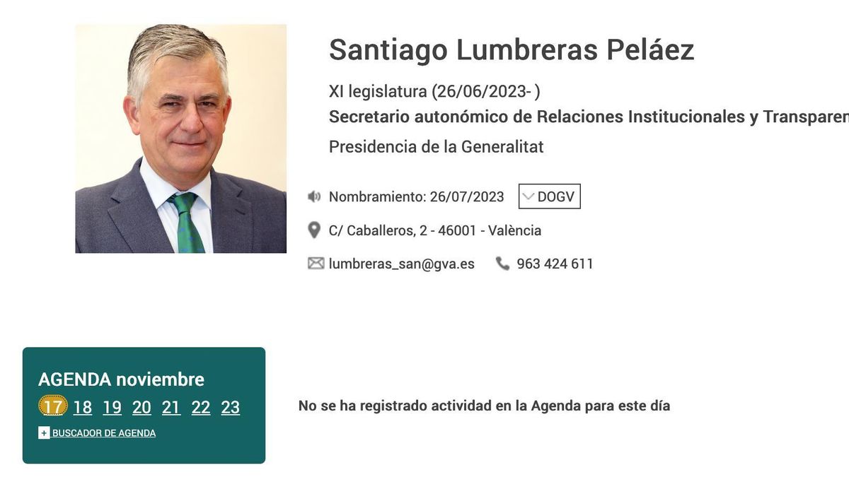 Agenda vacía del secretario autonómico de Transparencia, Santiago Lumbreras.