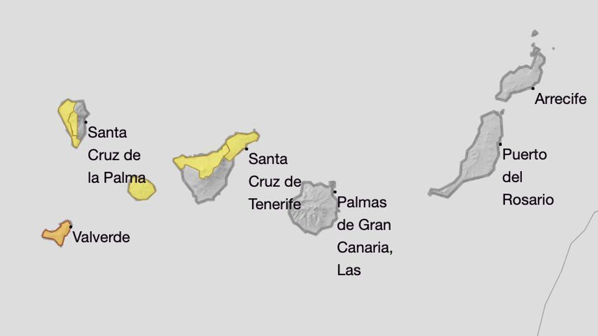 Mapa de la Aemet del aviso por viento en La Palma, El Hierro, La Gomera y Tenerife este sábado y domingo.