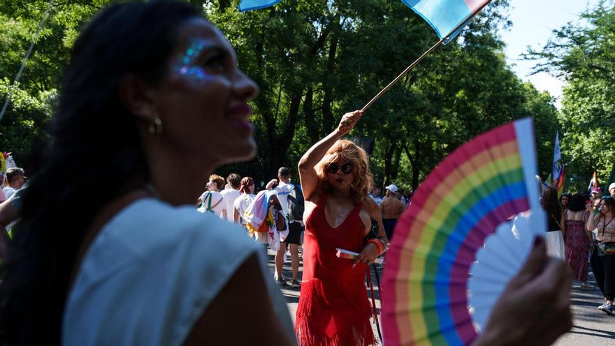 Una persona ondea la bandera trans, durante la manifestación estatal del Orgullo LGTBI+ 2026, a 4 de julio de 2026, en Madrid