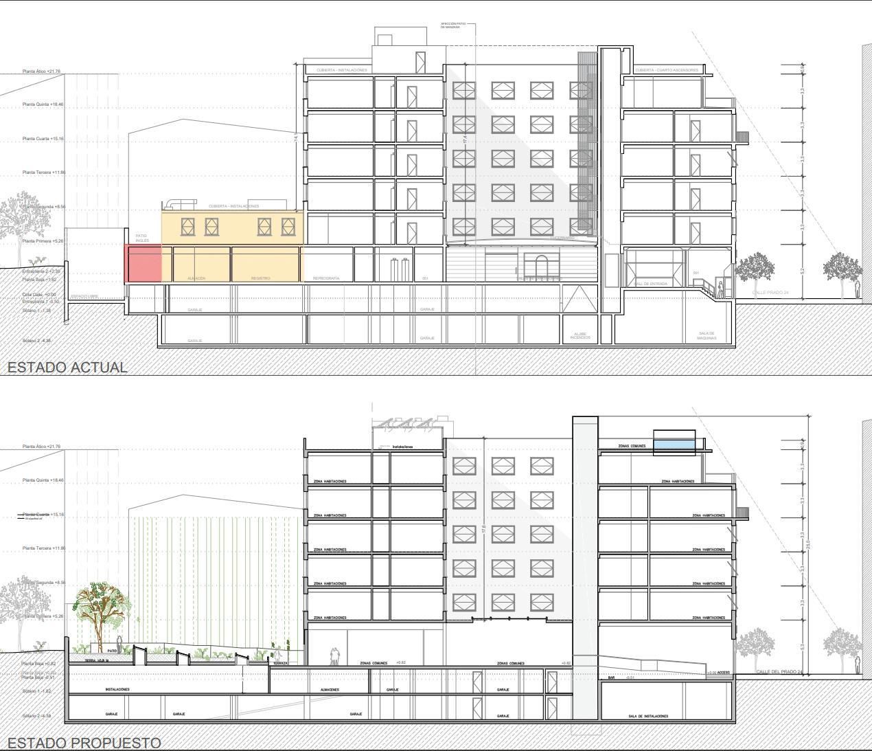 Alzado del estado actual (arriba) y del hotel (debajo) propuesto por la ONCE, que incluye su nuevo patio