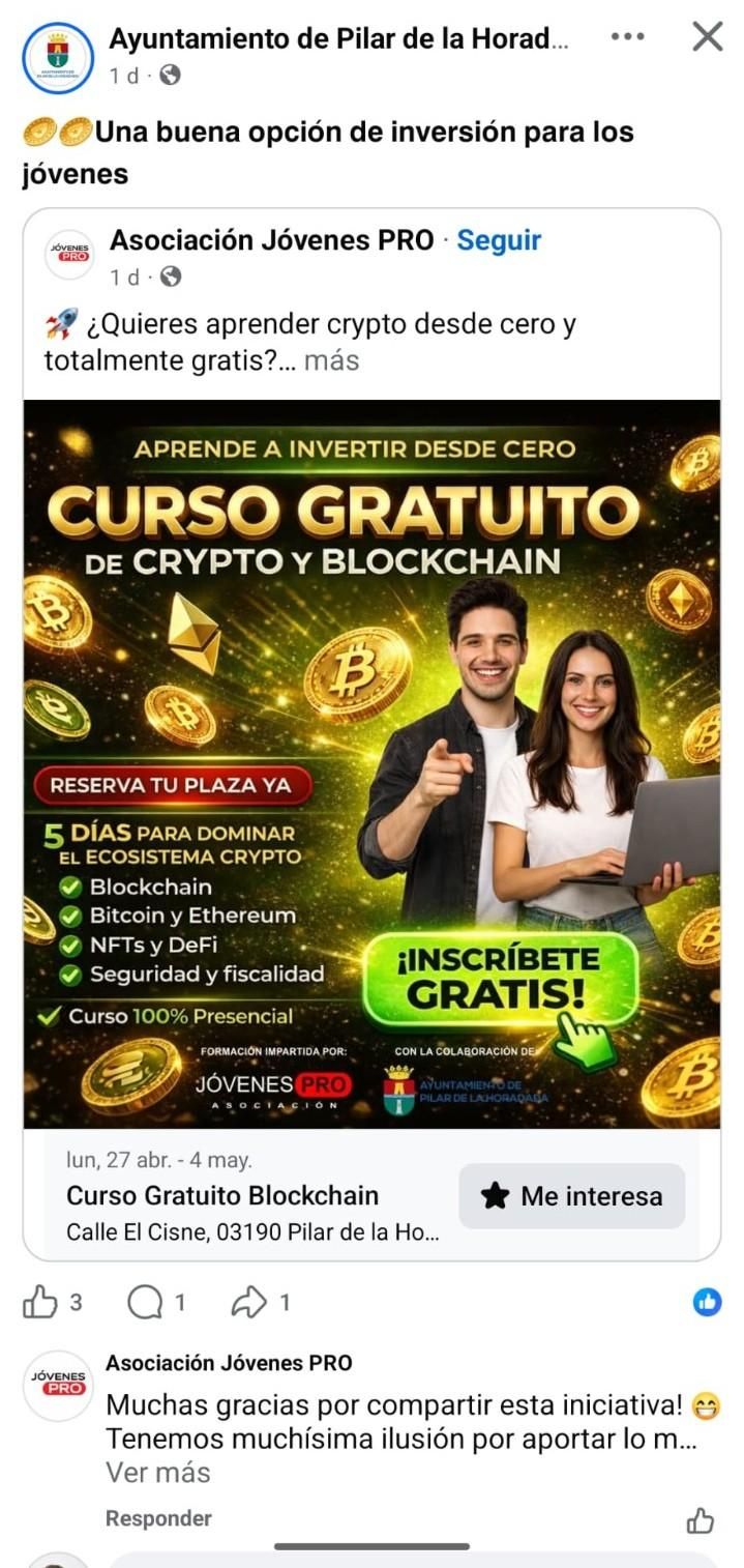Curso de criptomonedas promocionado en Pilar de la Horadada.