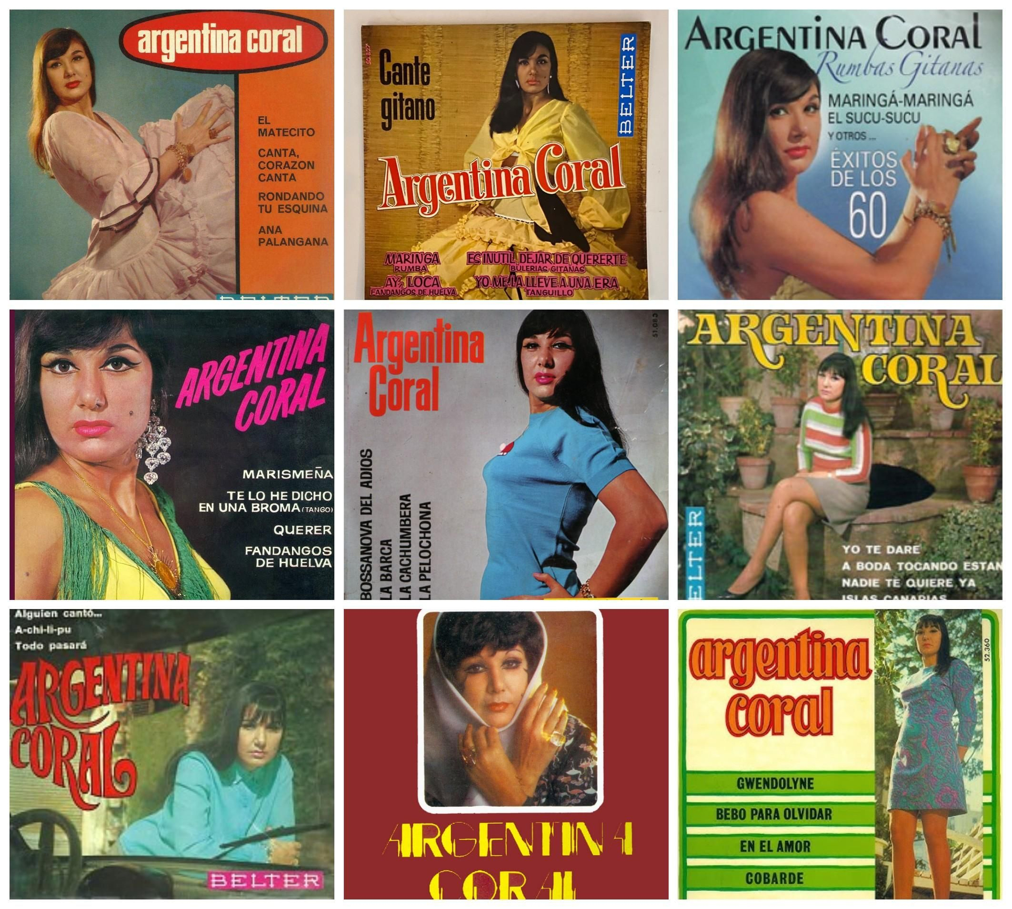 Algunos de las decenas de discos que Argentina Coral publicó con el sello catalán Belter.