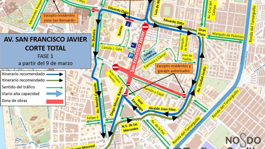 Revolución en el tráfico en varias zonas de Sevilla por la obra para ampliar el tranvía hasta Nervión