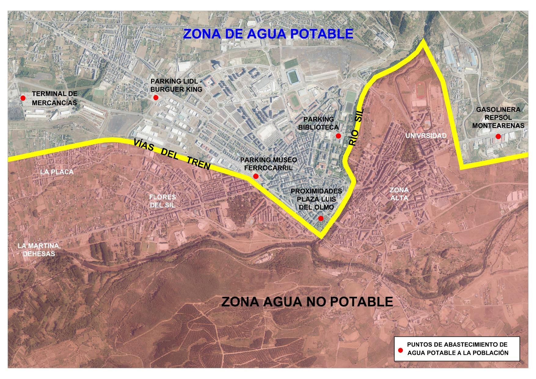 Mapa de Ponferrada con zonas con suministro de agua potable y no potable