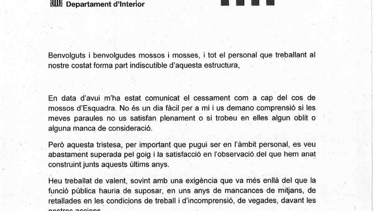 Trapero se despide por carta y pide a los mossos "lealtad" a los nuevos mandos